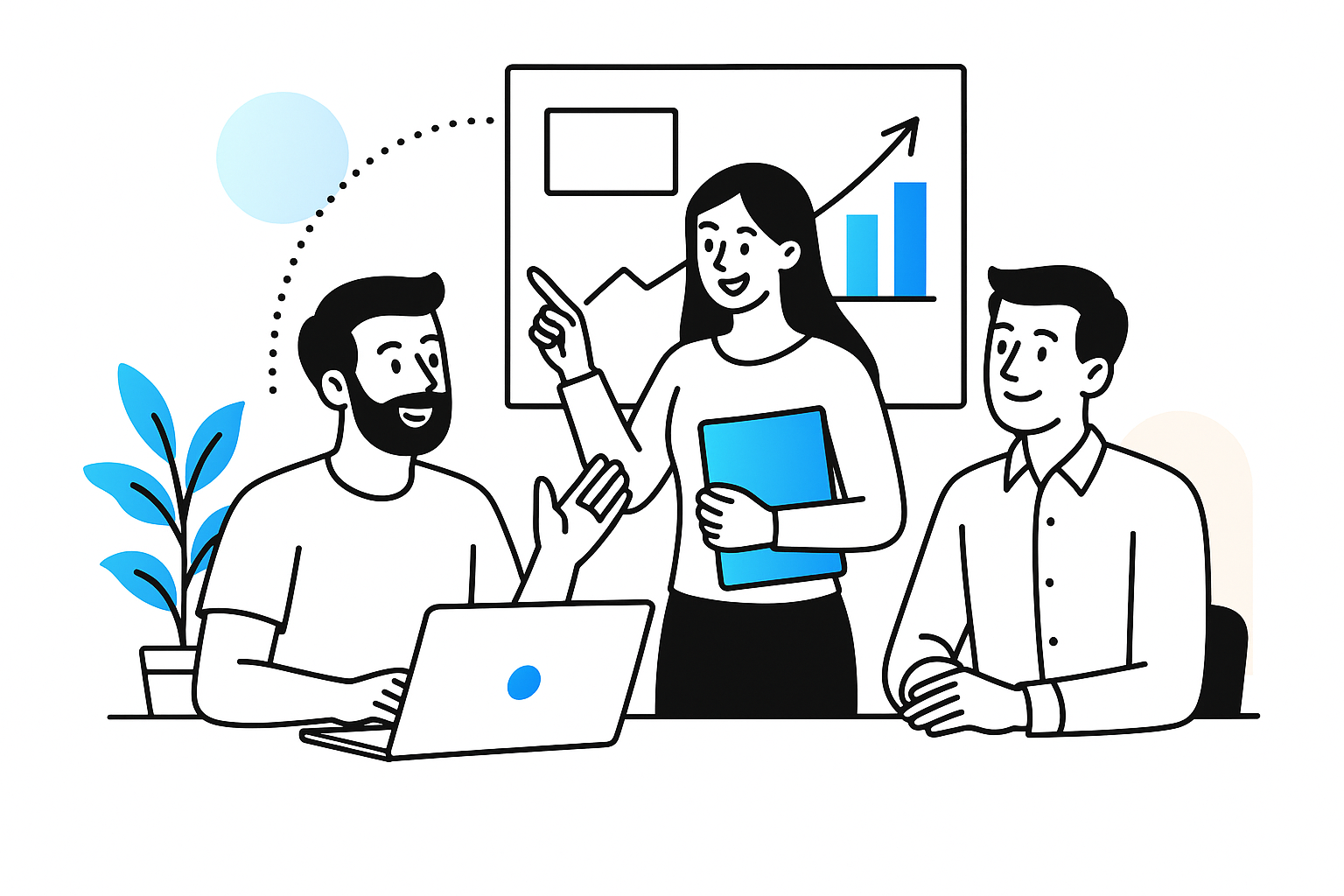 Teamwork assembling puzzle pieces in front of a laptop